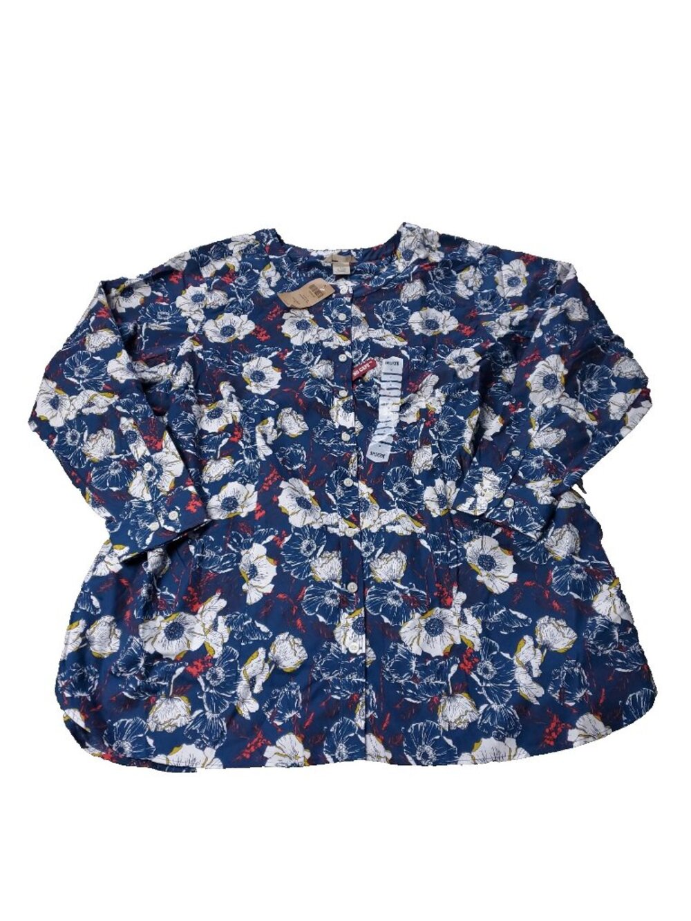 Duluth Trading Tunic Womens 1X Plus Size Wrinklefighter Floral Blue Button Shirt